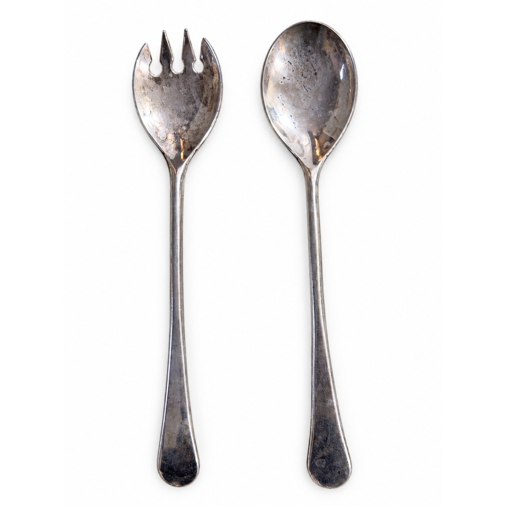Vintage Silver Tone Salad Serving Set Spoon and Fork Two Piece Tarnish Patina